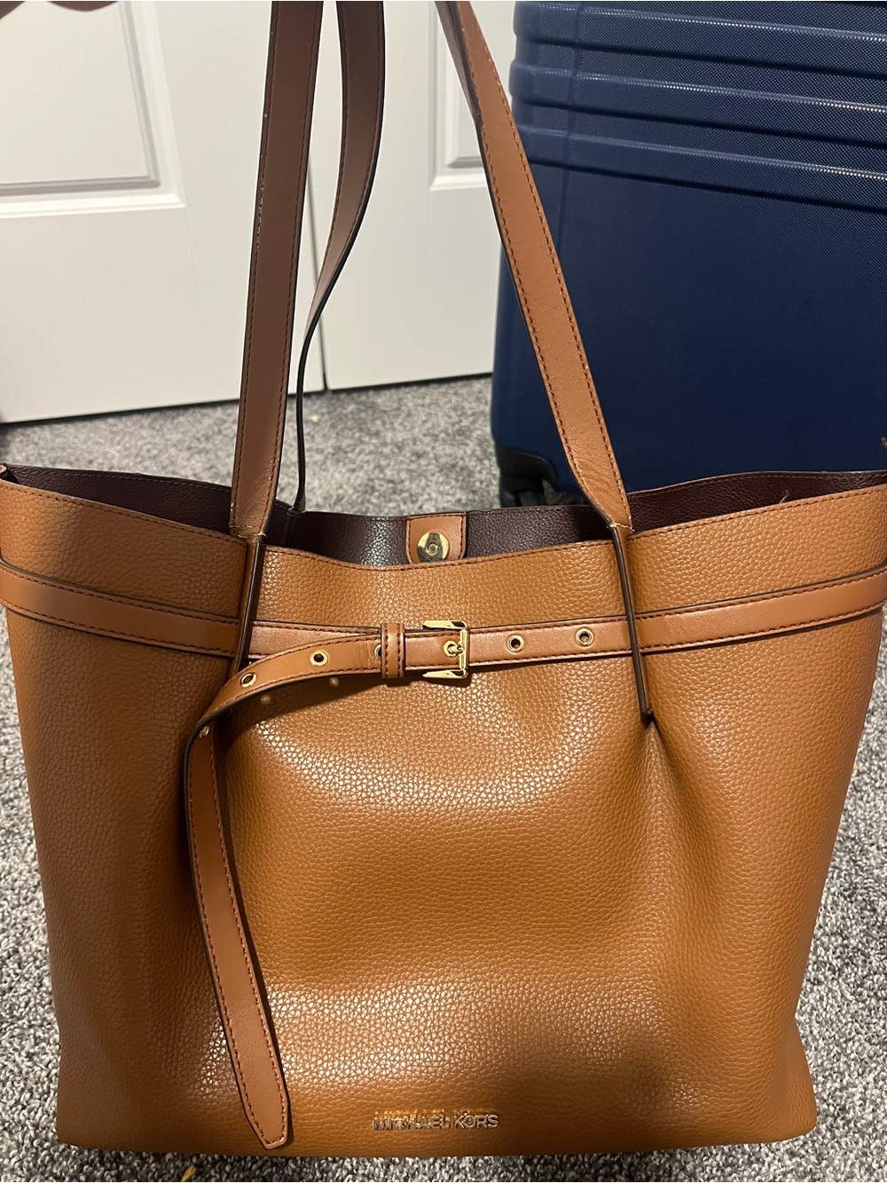 Michael Kors Emilia Large Brown/Tan Pebbled Leather Tote with Belt Detail